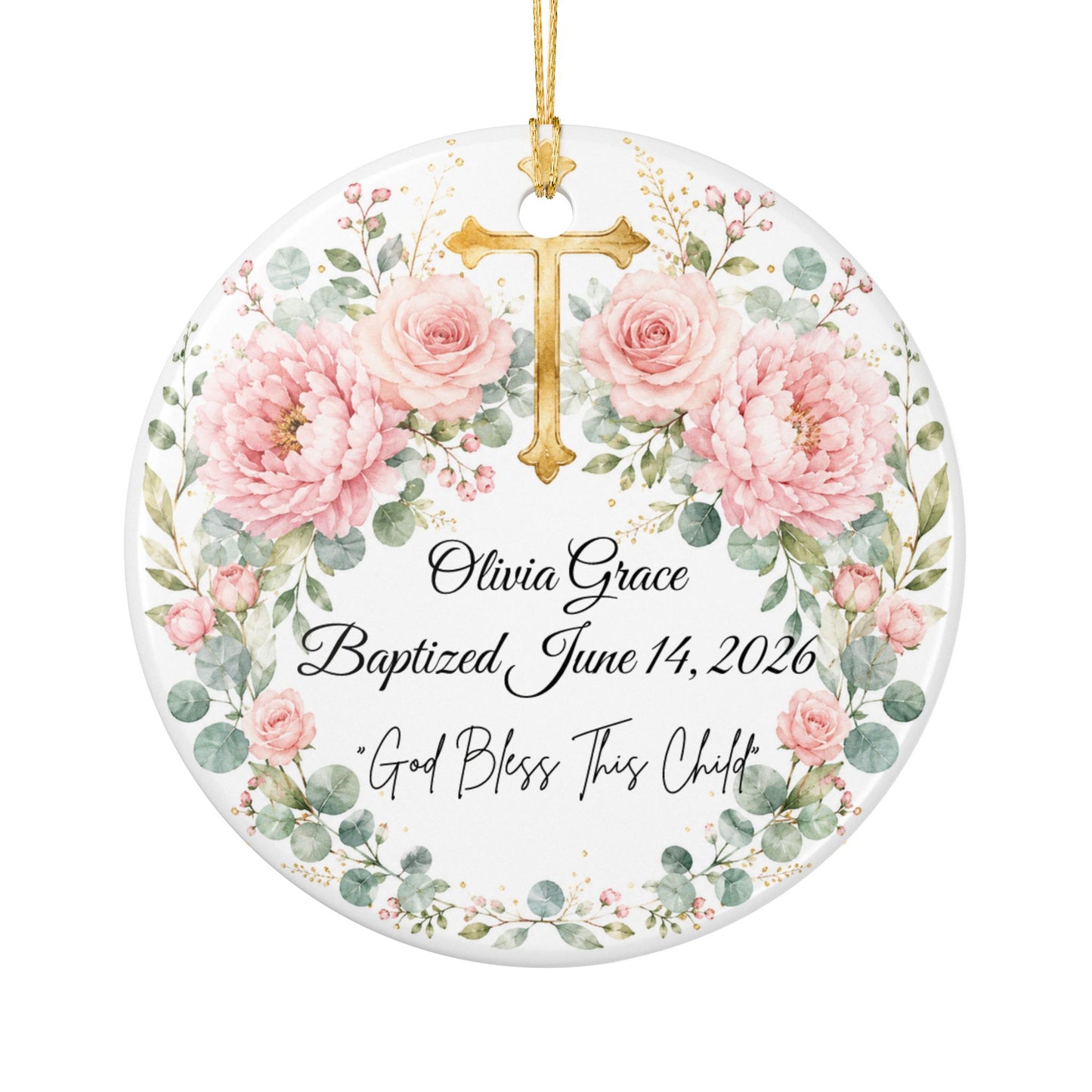 Personalized Baptism Ornament for Girl, Pink Floral Cross Christening Keepsake with Name & Date, Ceramic Godchild Gift, Baby Dedication