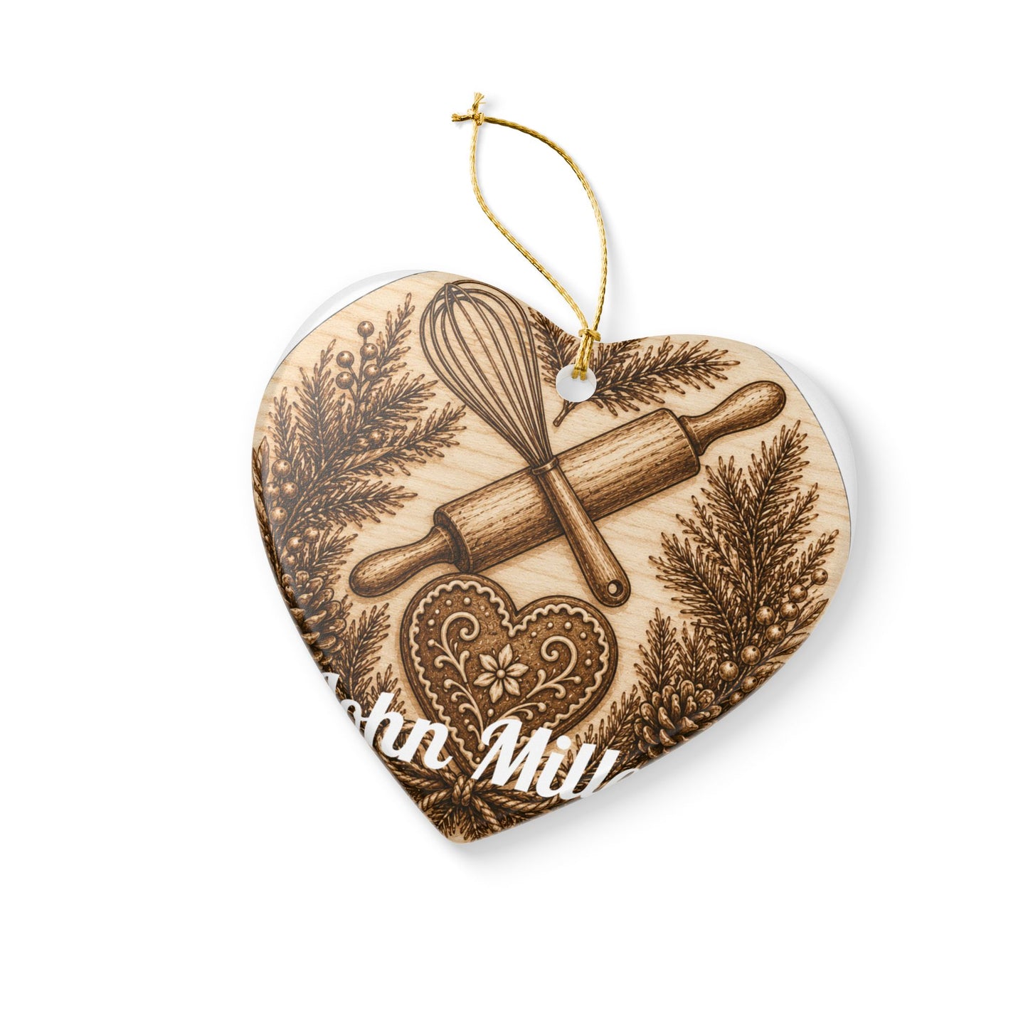 Baking Rolling Pin & Whisk Heart Ceramic Ornament | Kitchen Christmas Decoration
