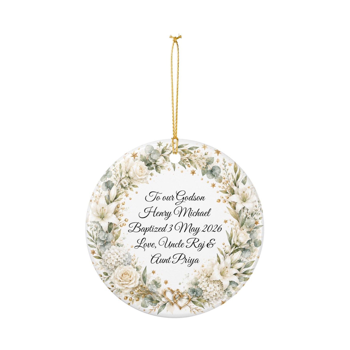 Godchild Baptism Ornament from Godparents, Personalized Christening Gift with Name & Date, Ceramic Keepsake, God Bless You Little One