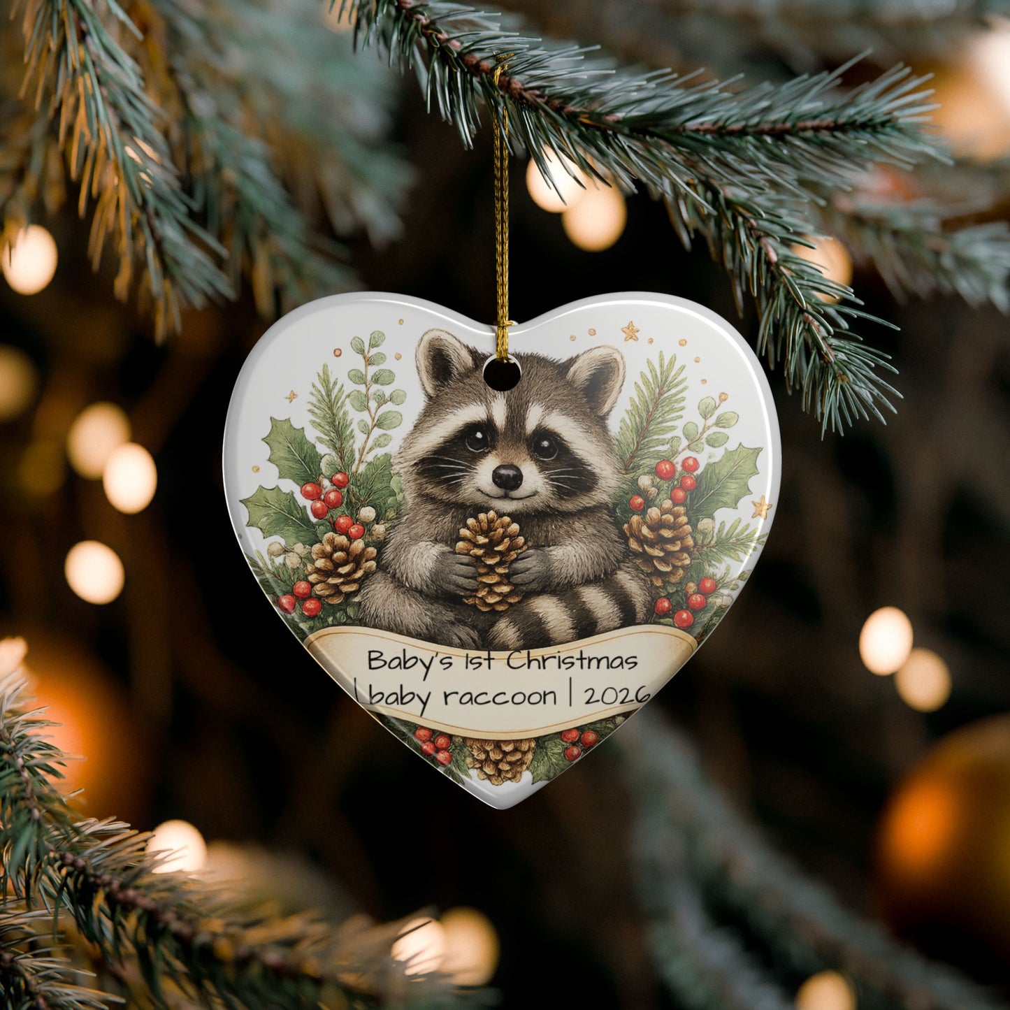 Baby Raccoon Christmas Ornament Personalized with Name, Cute Woodland Ceramic Keepsake, Kids Raccoon Gift 2026