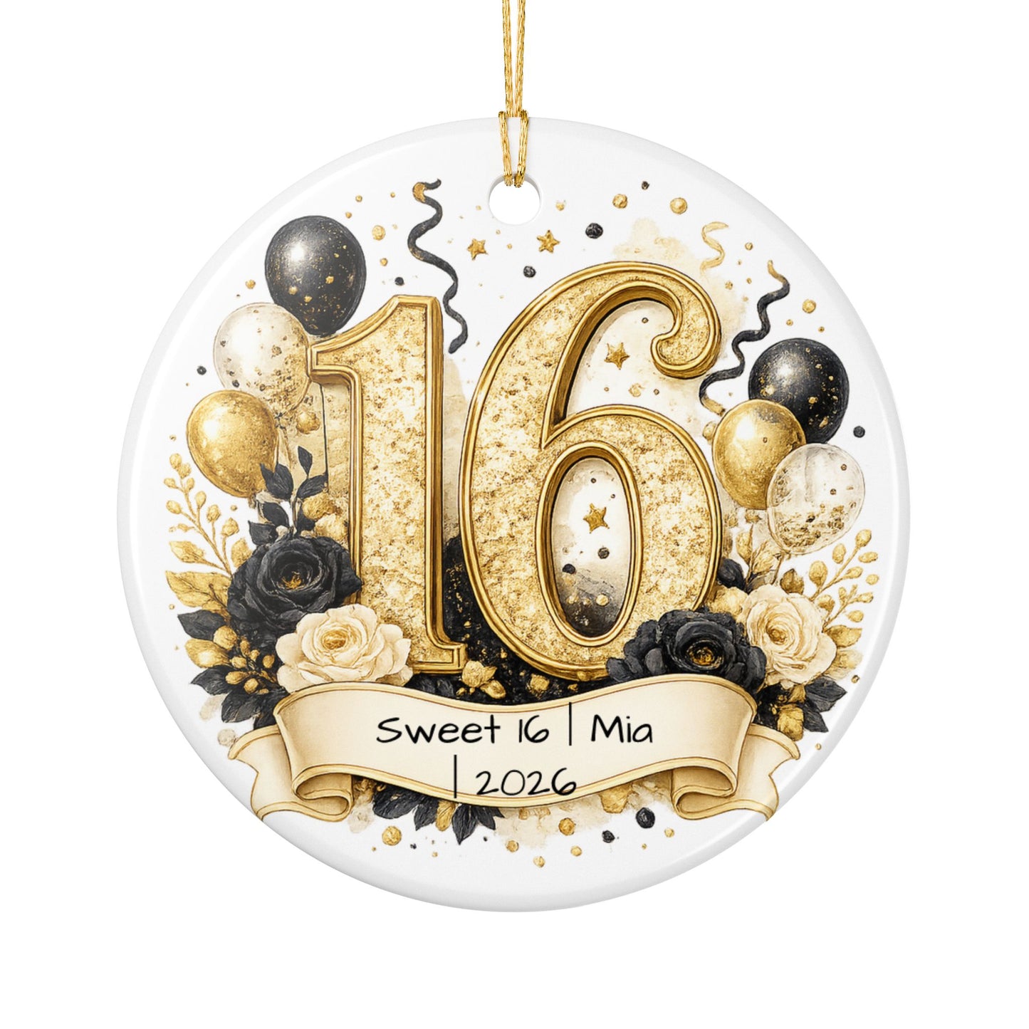 Glam Sweet 16 Christmas Ornament Personalized with Name Year, Black Gold Ceramic Keepsake, 16th Birthday Gift 2026