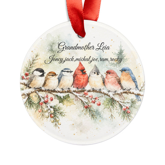 Watercolor Winter Birds Acrylic Ornament | Personalized Family Names