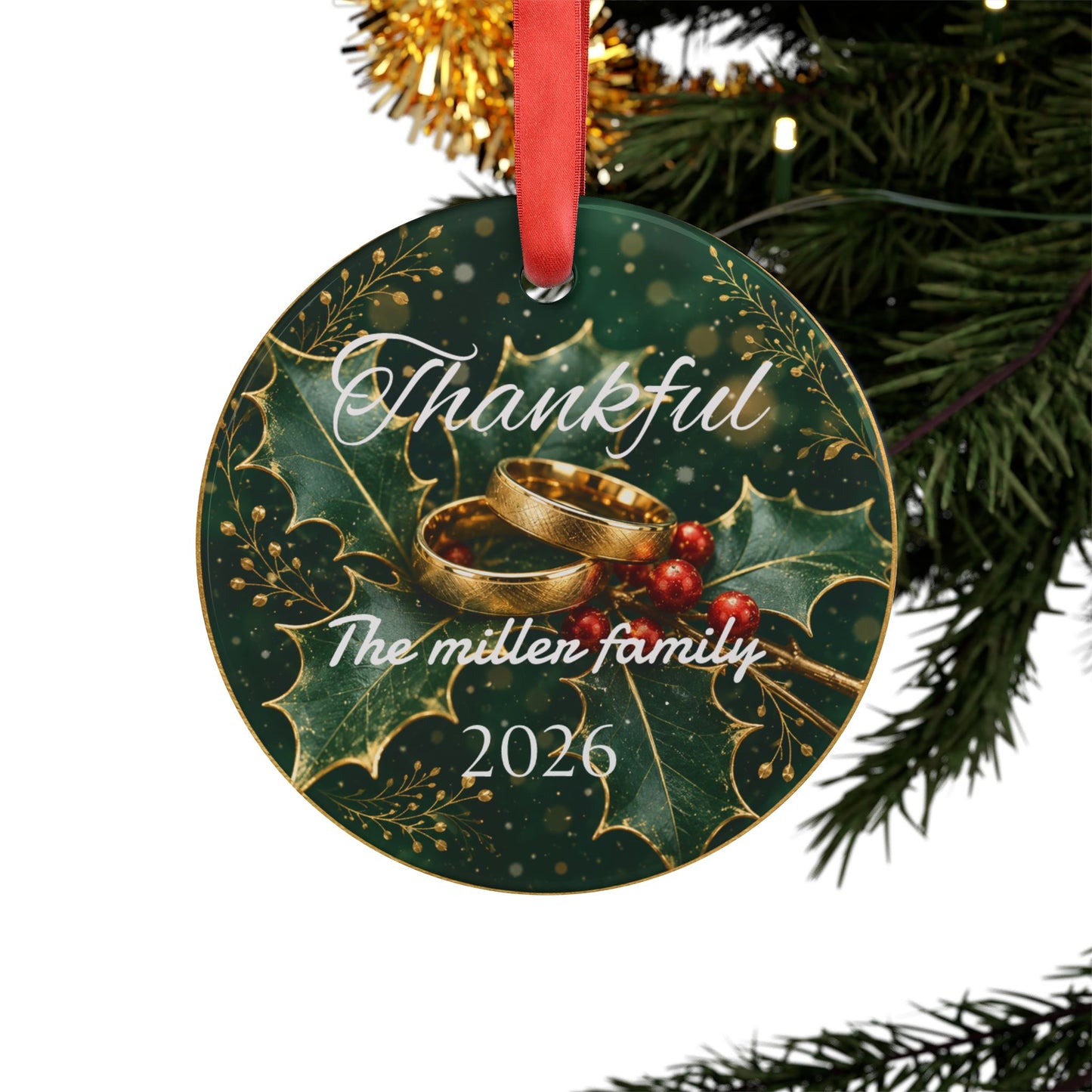 Thankful Holly Wreath Acrylic Ornament | Personalized Family Name 2026
