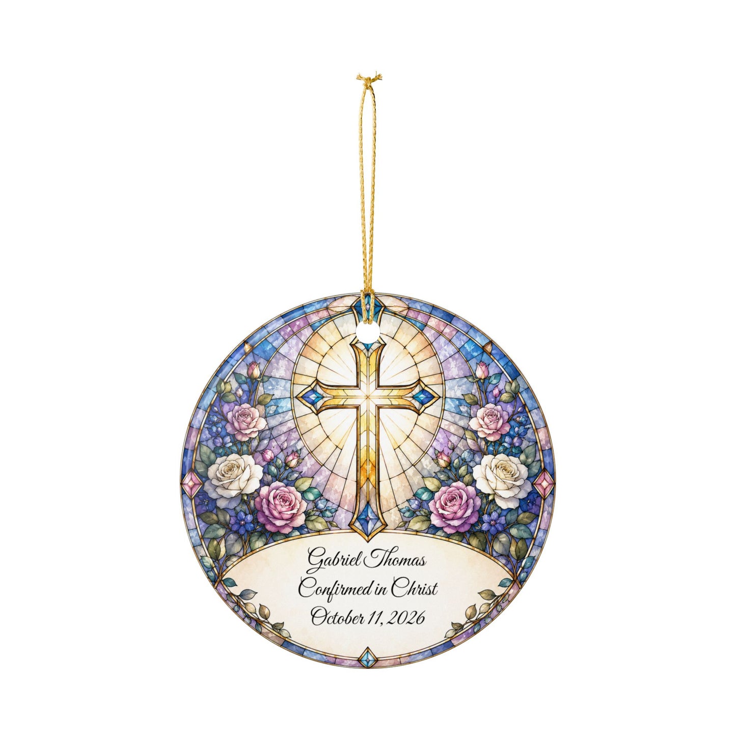 Stained Glass Baptism Ornament Personalized, Church Window Christening Keepsake with Name, Ceramic Religious Gift, Confirmation Ornament