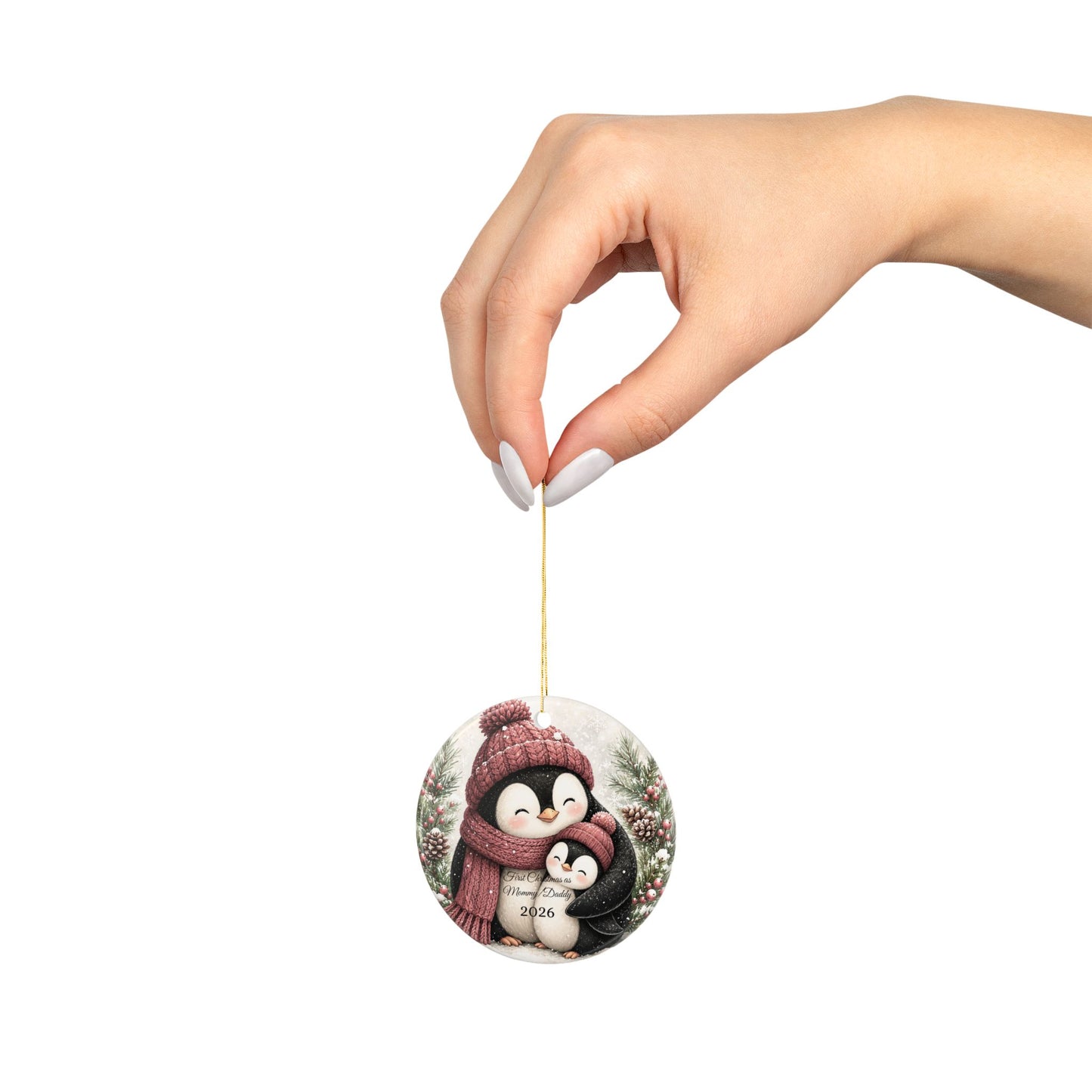 Penguin Family Hug Ceramic Ornament | 2026 Holiday Keepsake