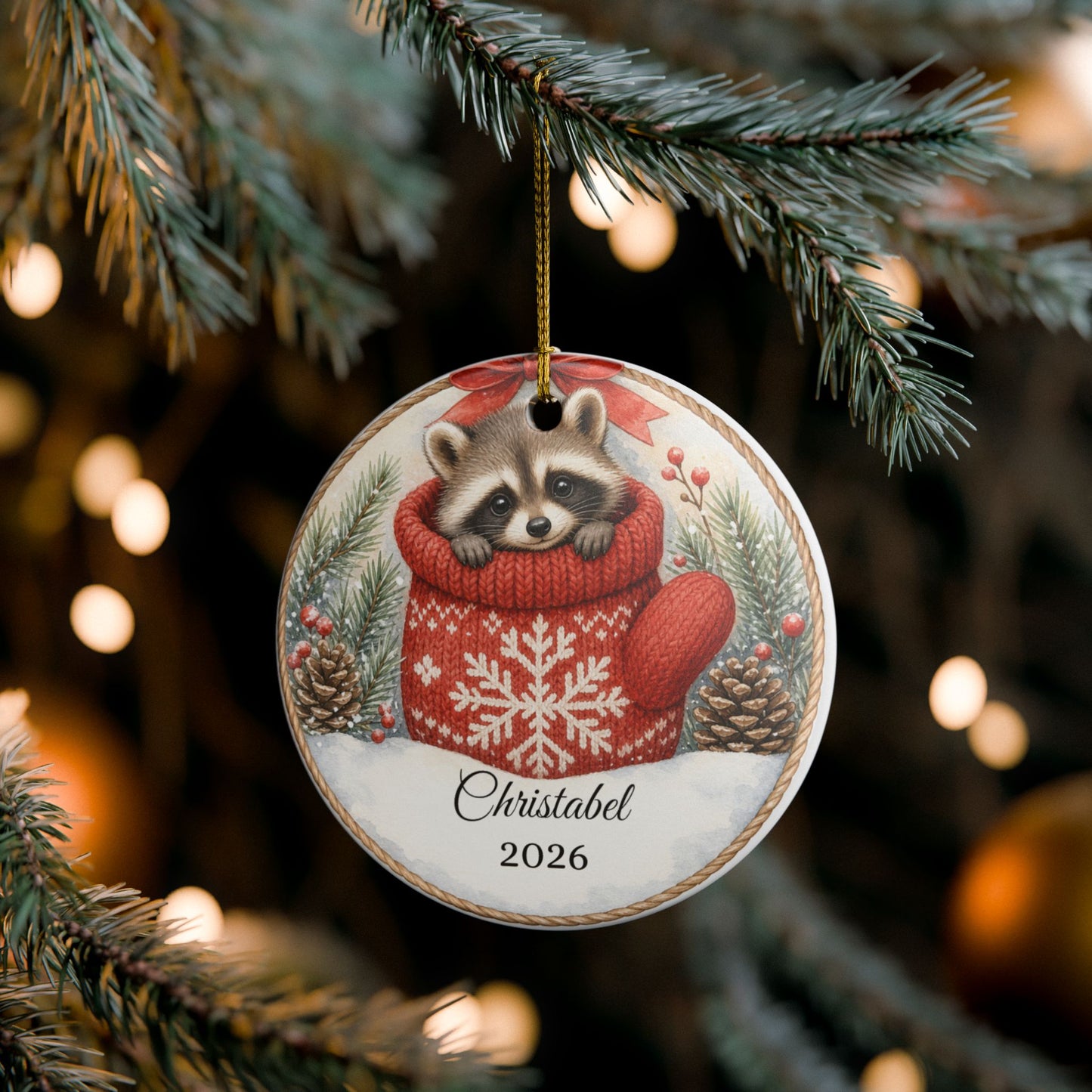 Baby First Christmas Ornament Personalized, Raccoon in Mitten Keepsake with Name 2026, Woodland New Baby Gift
