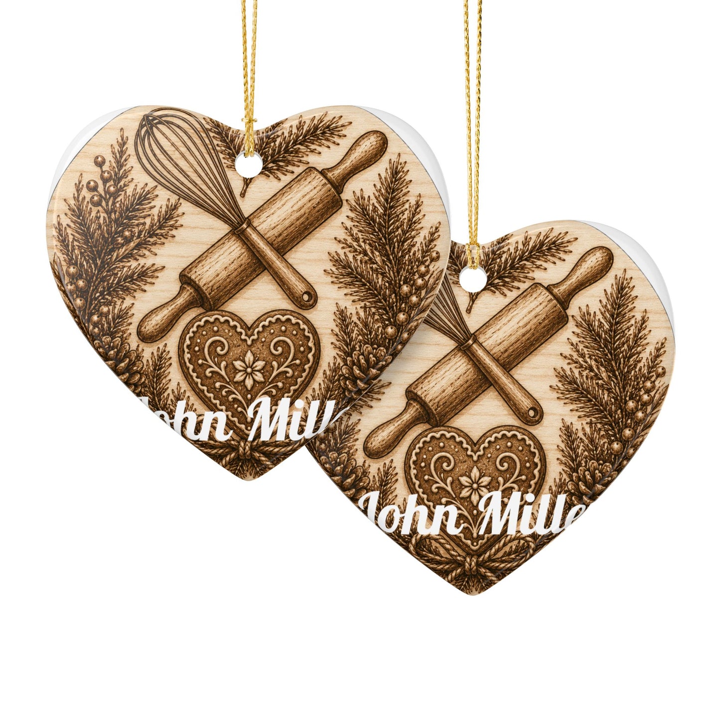 Baking Rolling Pin & Whisk Heart Ceramic Ornament | Kitchen Christmas Decoration