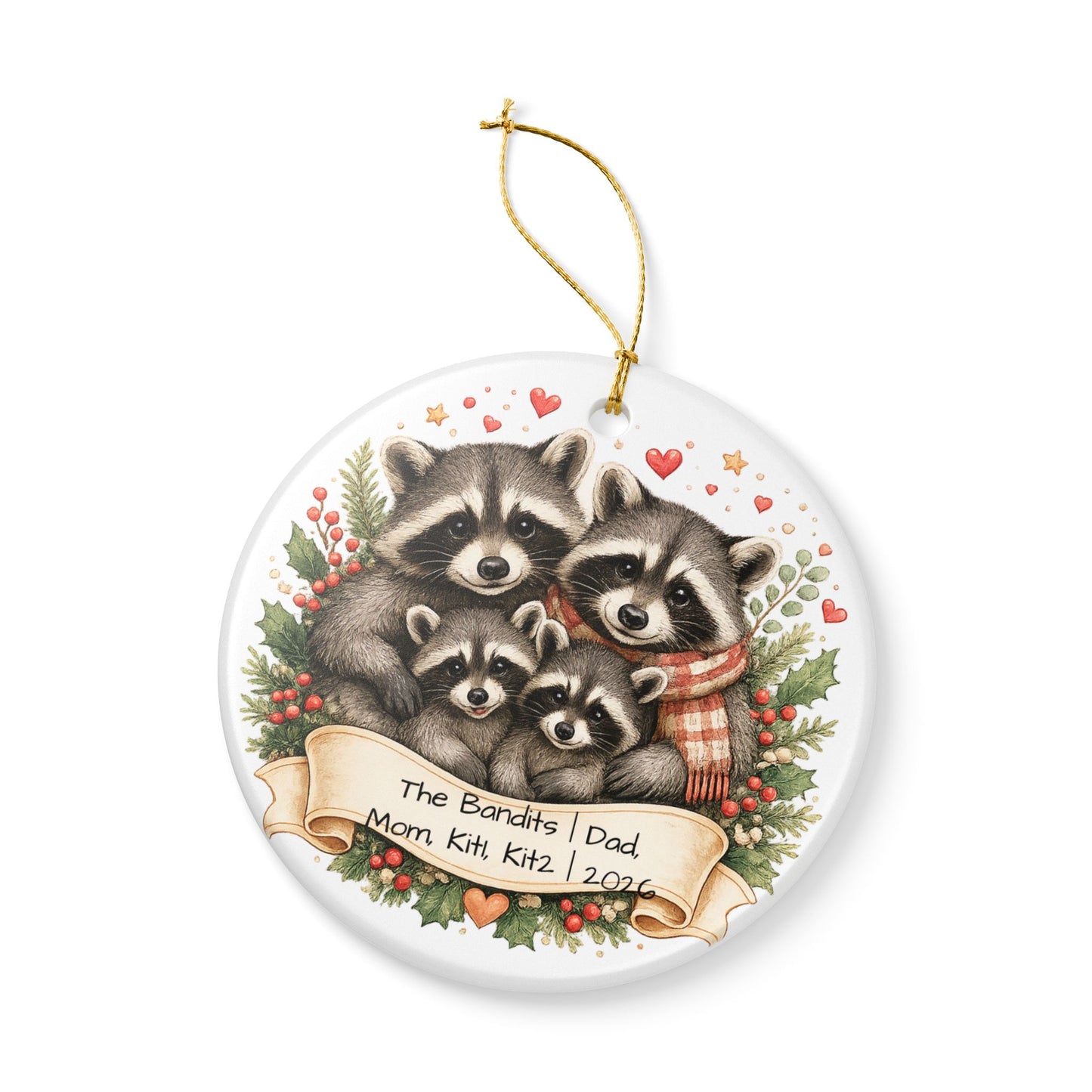 Raccoon Family Christmas Ornament Personalized with Names, Cute Ceramic Keepsake, Woodland Family Gift 2026