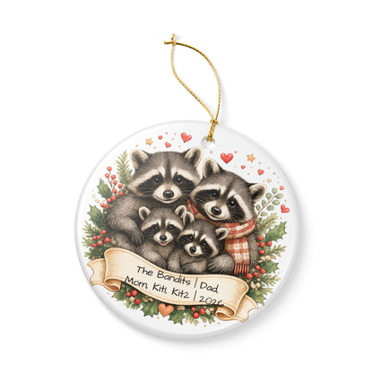 Raccoon Family Christmas Ornament Personalized with Names, Cute Ceramic Keepsake, Woodland Family Gift 2026