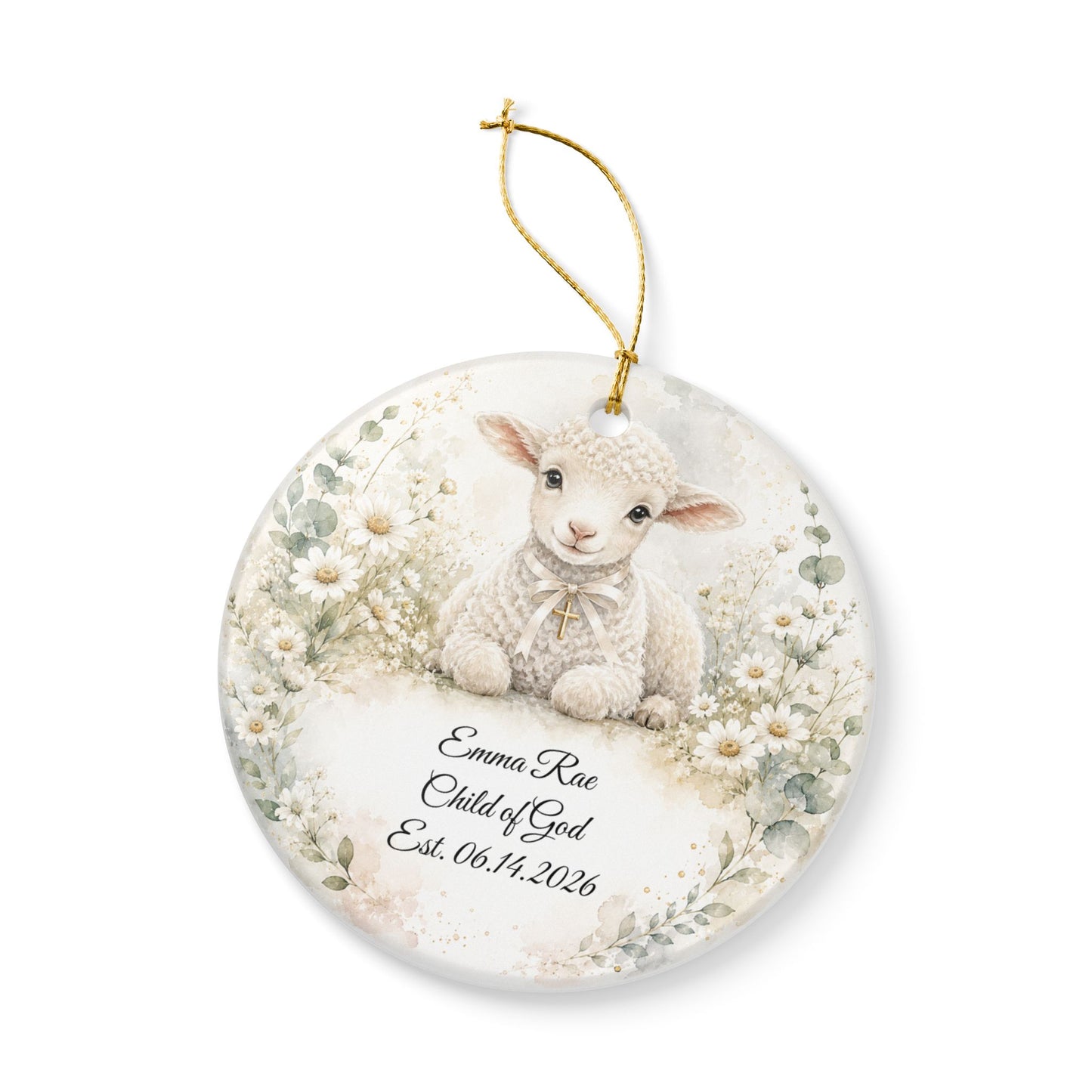 Lamb Baptism Ornament Personalized with Name, Watercolor Christening Keepsake, Ceramic Baby Dedication Gift, First Christmas Religious Gift