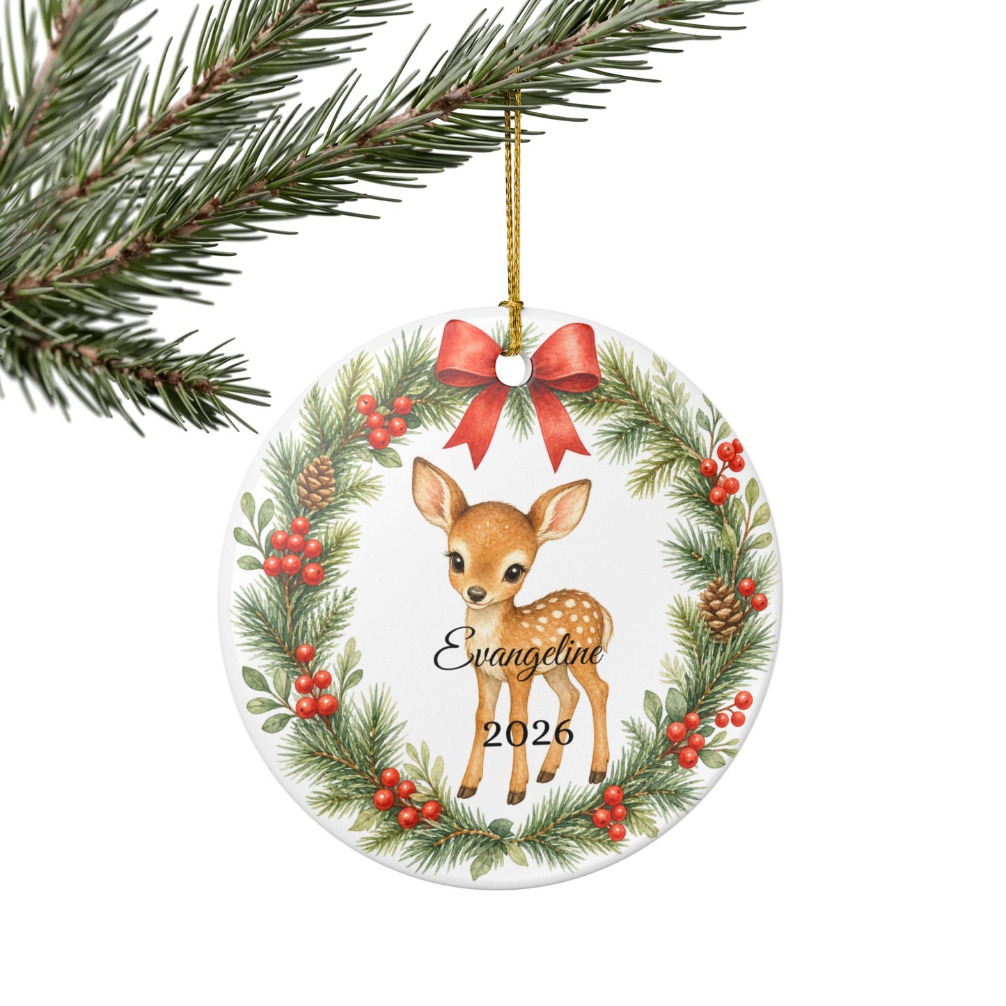 Baby First Christmas Ornament Personalized with Name, Woodland Deer Fawn Wreath Keepsake 2026, New Baby Woodland Gift