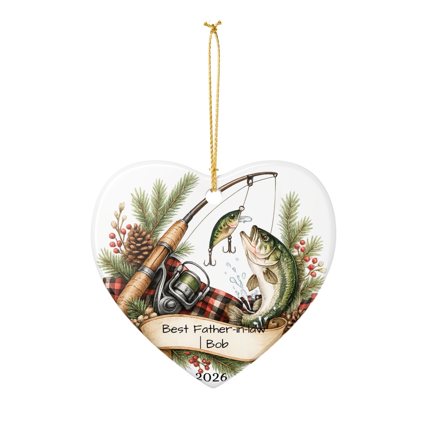 Fishing Father in Law Ornament Personalized, Rustic Ceramic Keepsake with Name, Fisherman FIL Gift 2026