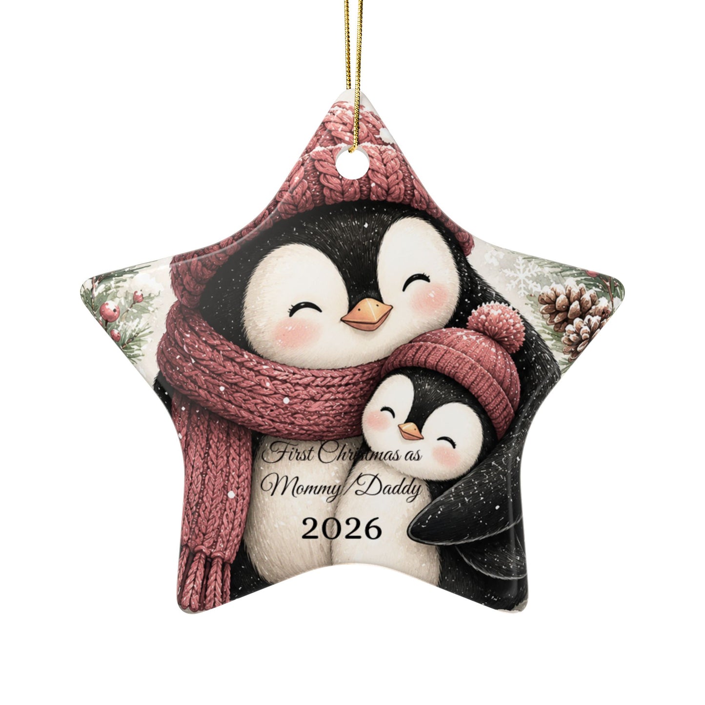 Penguin Family Hug Ceramic Ornament | 2026 Holiday Keepsake