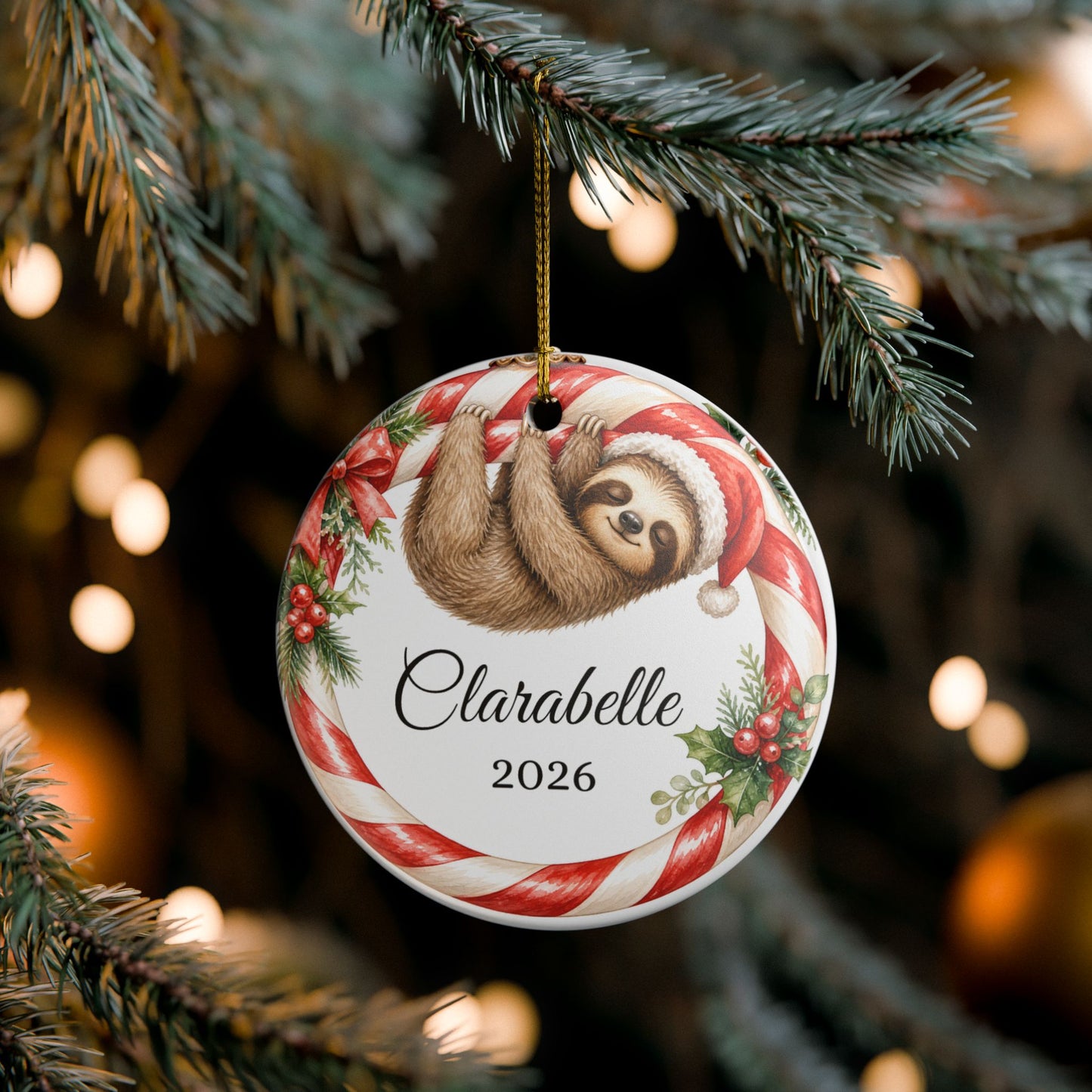 Baby First Christmas Ornament Personalized, Sloth Candy Cane Keepsake with Name 2026, Funny New Baby Gift Ornament
