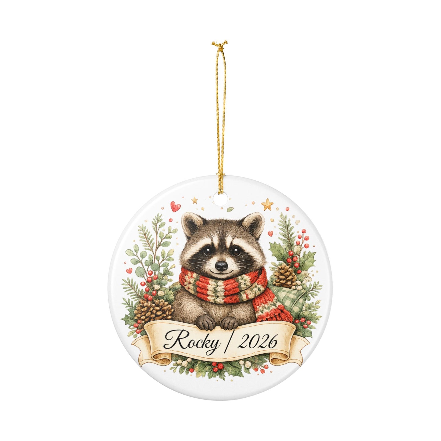 Raccoon Christmas Ornament Personalized with Name, Cute Cozy Ceramic Keepsake, Raccoon Lover Woodland Gift 2026