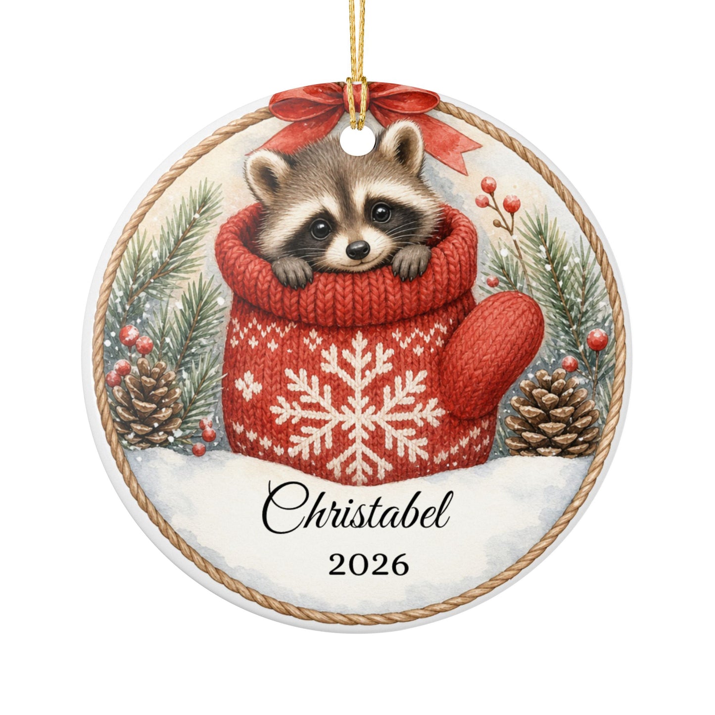 Baby First Christmas Ornament Personalized, Raccoon in Mitten Keepsake with Name 2026, Woodland New Baby Gift