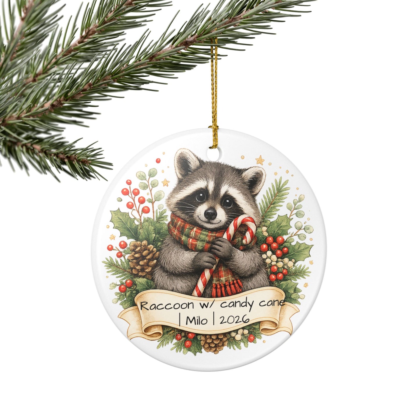 Raccoon with Candy Cane Christmas Ornament Personalized, Cute Ceramic Keepsake with Name, Raccoon Lover Gift 2026