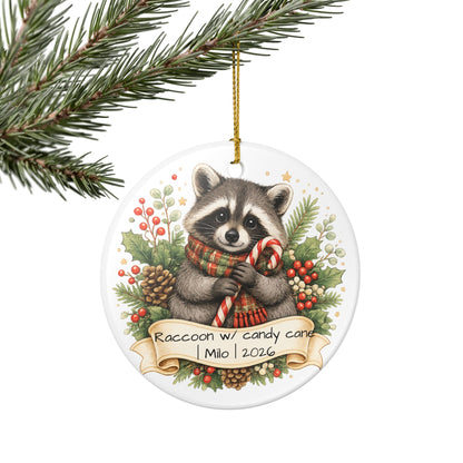 Raccoon with Candy Cane Christmas Ornament Personalized, Cute Ceramic Keepsake with Name, Raccoon Lover Gift 2026