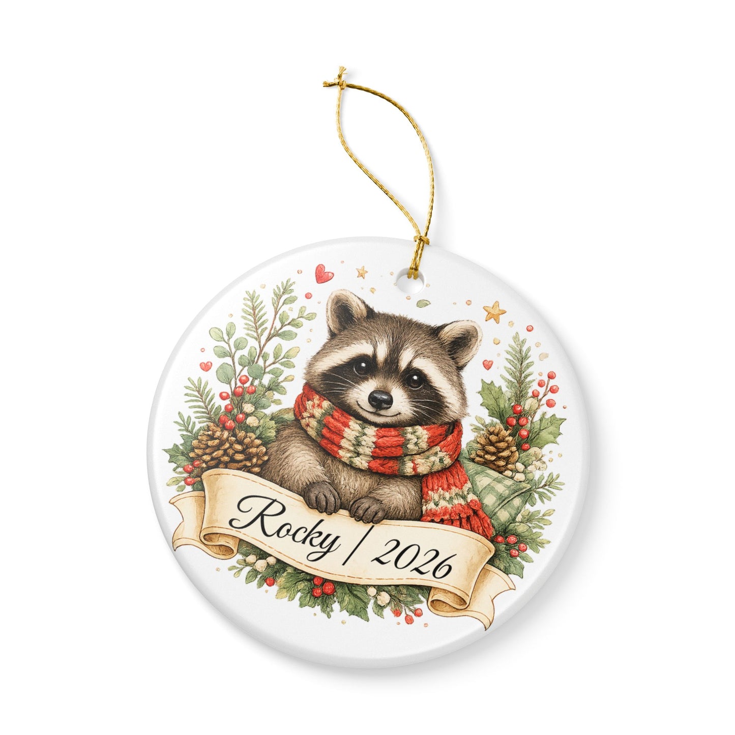 Raccoon Christmas Ornament Personalized with Name, Cute Cozy Ceramic Keepsake, Raccoon Lover Woodland Gift 2026
