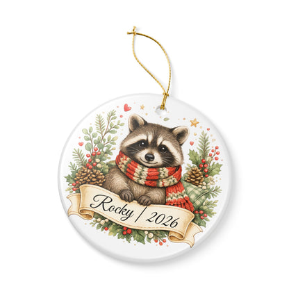 Raccoon Christmas Ornament Personalized with Name, Cute Cozy Ceramic Keepsake, Raccoon Lover Woodland Gift 2026