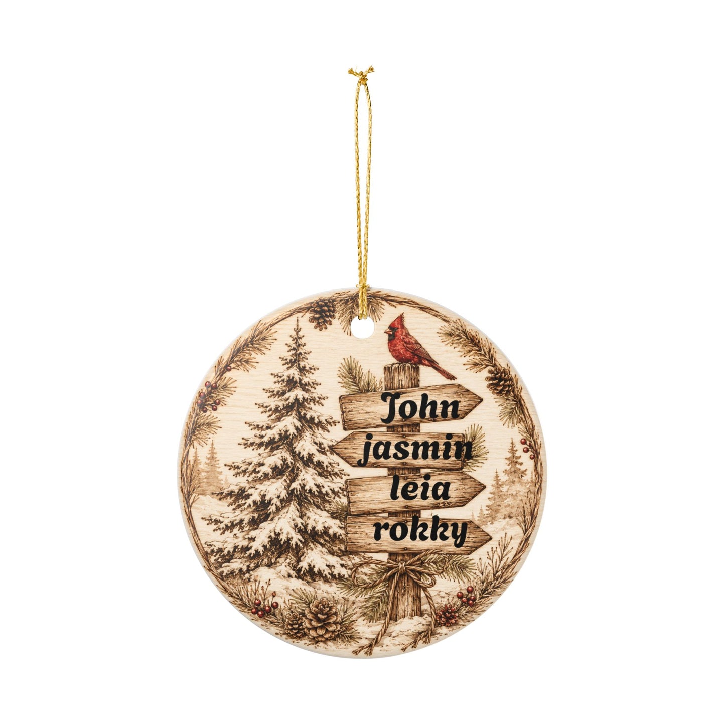 Woodland Cardinal Family Name Ornament, Ceramic Heart Ornament | Personalized Christmas Decor