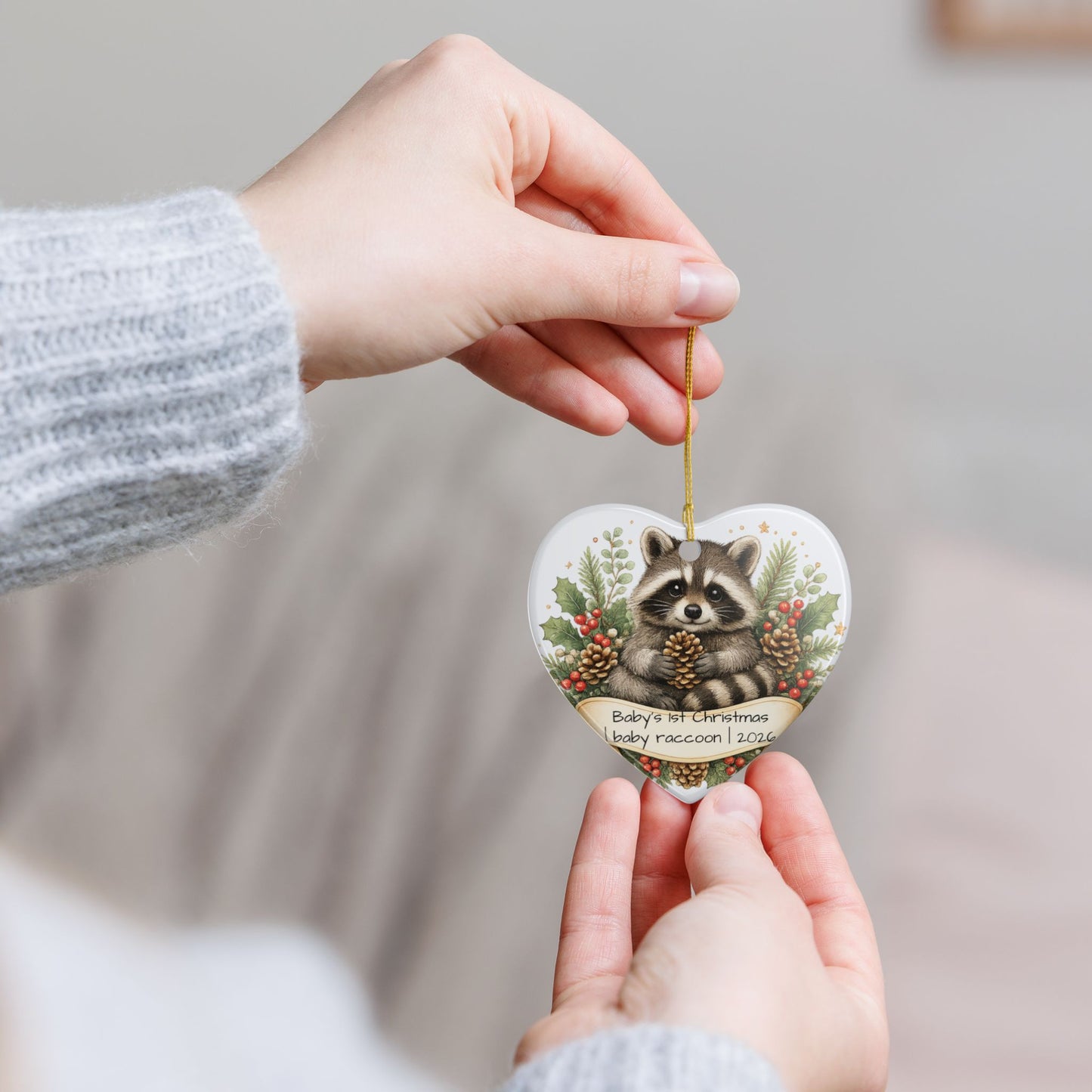 Baby Raccoon Christmas Ornament Personalized with Name, Cute Woodland Ceramic Keepsake, Kids Raccoon Gift 2026