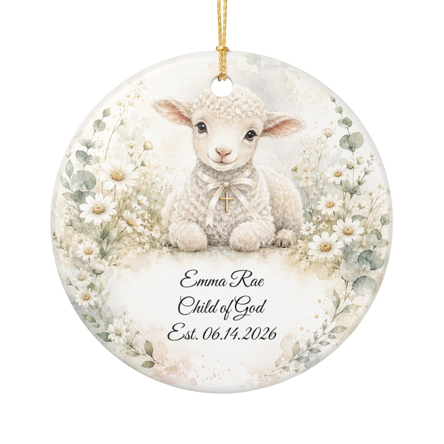 Lamb Baptism Ornament Personalized with Name, Watercolor Christening Keepsake, Ceramic Baby Dedication Gift, First Christmas Religious Gift
