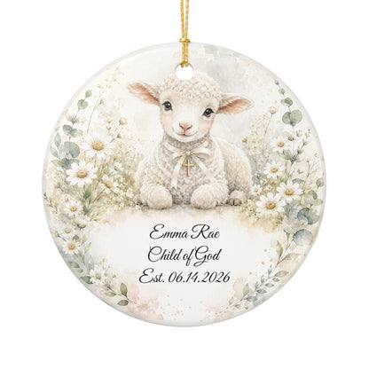 Lamb Baptism Ornament Personalized with Name, Watercolor Christening Keepsake, Ceramic Baby Dedication Gift, First Christmas Religious Gift