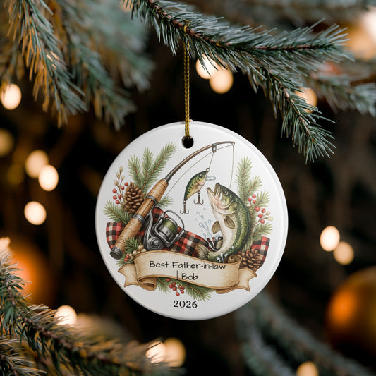 Fishing Father in Law Ornament Personalized, Rustic Ceramic Keepsake with Name, Fisherman FIL Gift 2026