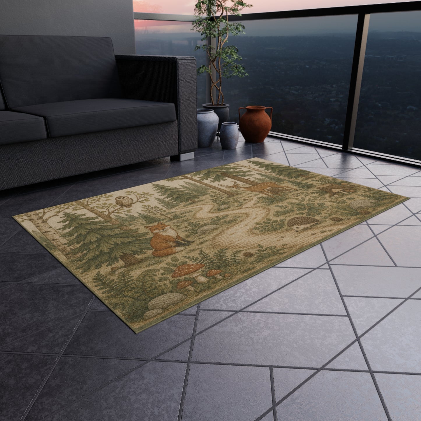 Woodland Animals Outdoor Rug | Fox, Deer, Owl Trail Scene
