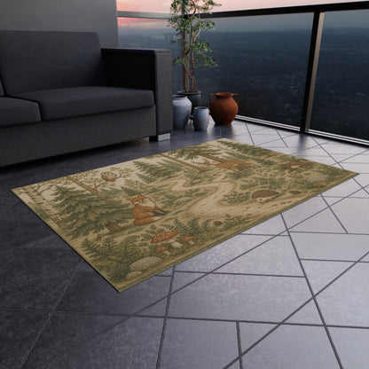 Woodland Animals Outdoor Rug | Fox, Deer, Owl Trail Scene