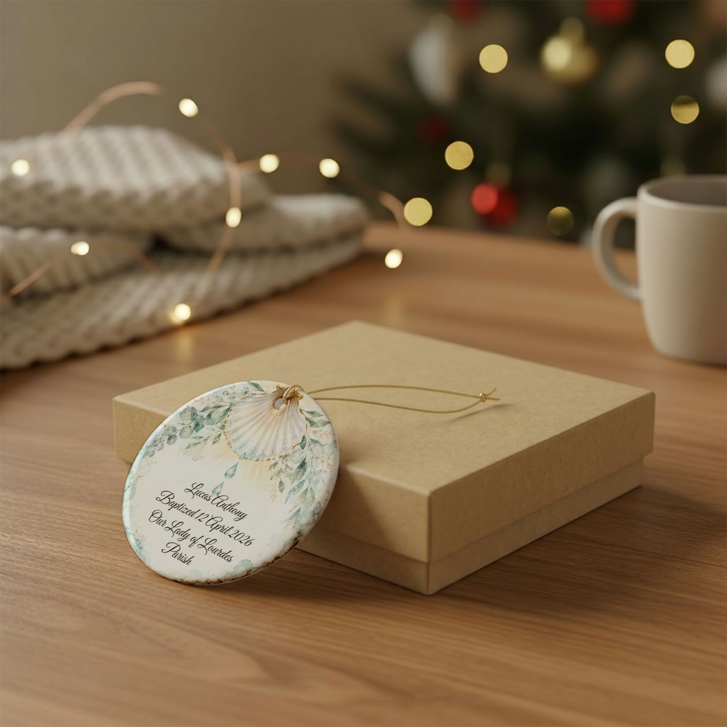 Baptism Shell Ornament Personalized, Traditional Christening Symbol Keepsake with Name & Date, Ceramic Catholic Baptism Gift for Baby