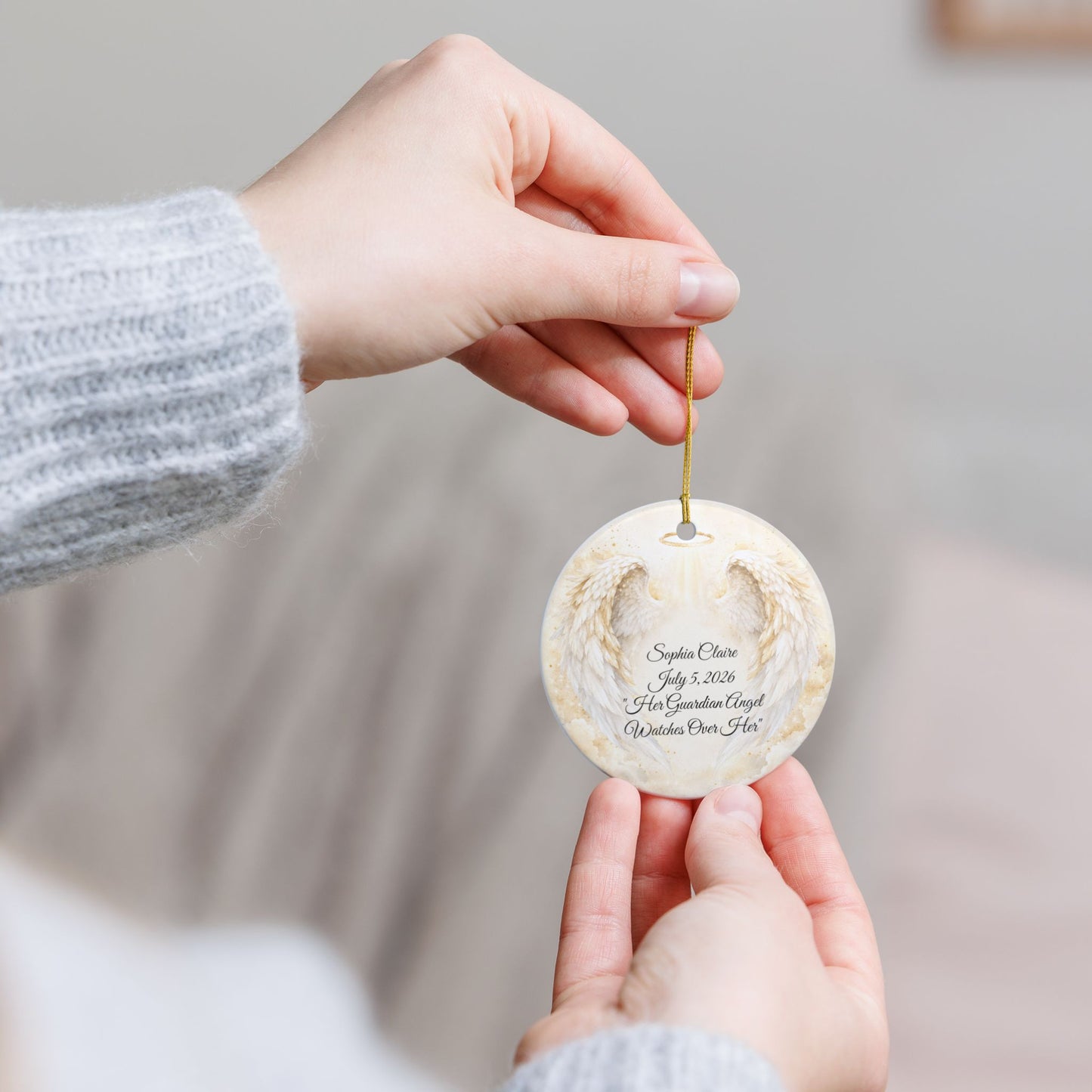 Guardian Angel Baptism Ornament with Name, Personalized Angel Wings Christening Keepsake, Ceramic God Bless Baby Gift, Godchild Ornament