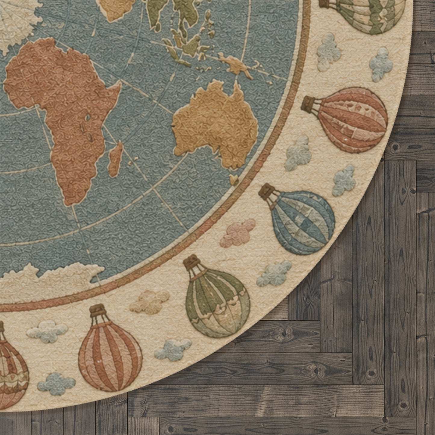 Vintage World Map Round Rug | Hot Air Balloon Border