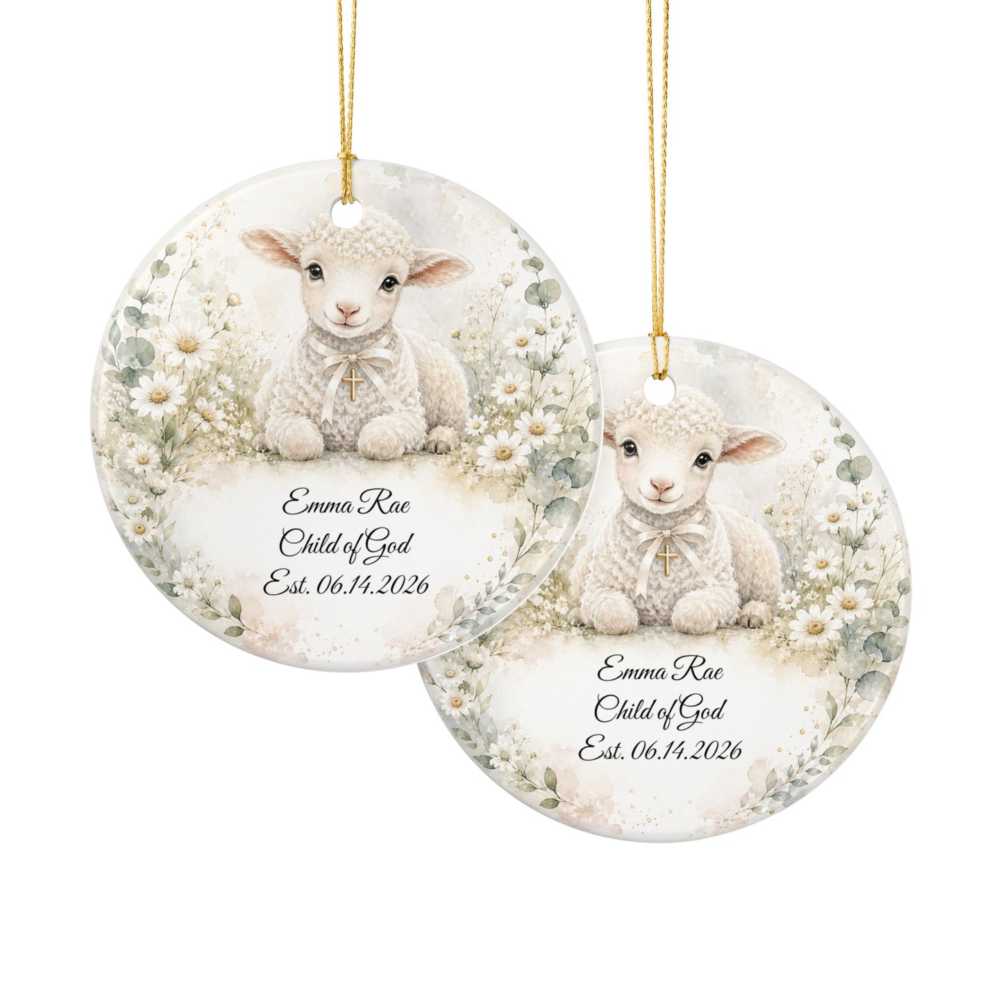 Lamb Baptism Ornament Personalized with Name, Watercolor Christening Keepsake, Ceramic Baby Dedication Gift, First Christmas Religious Gift