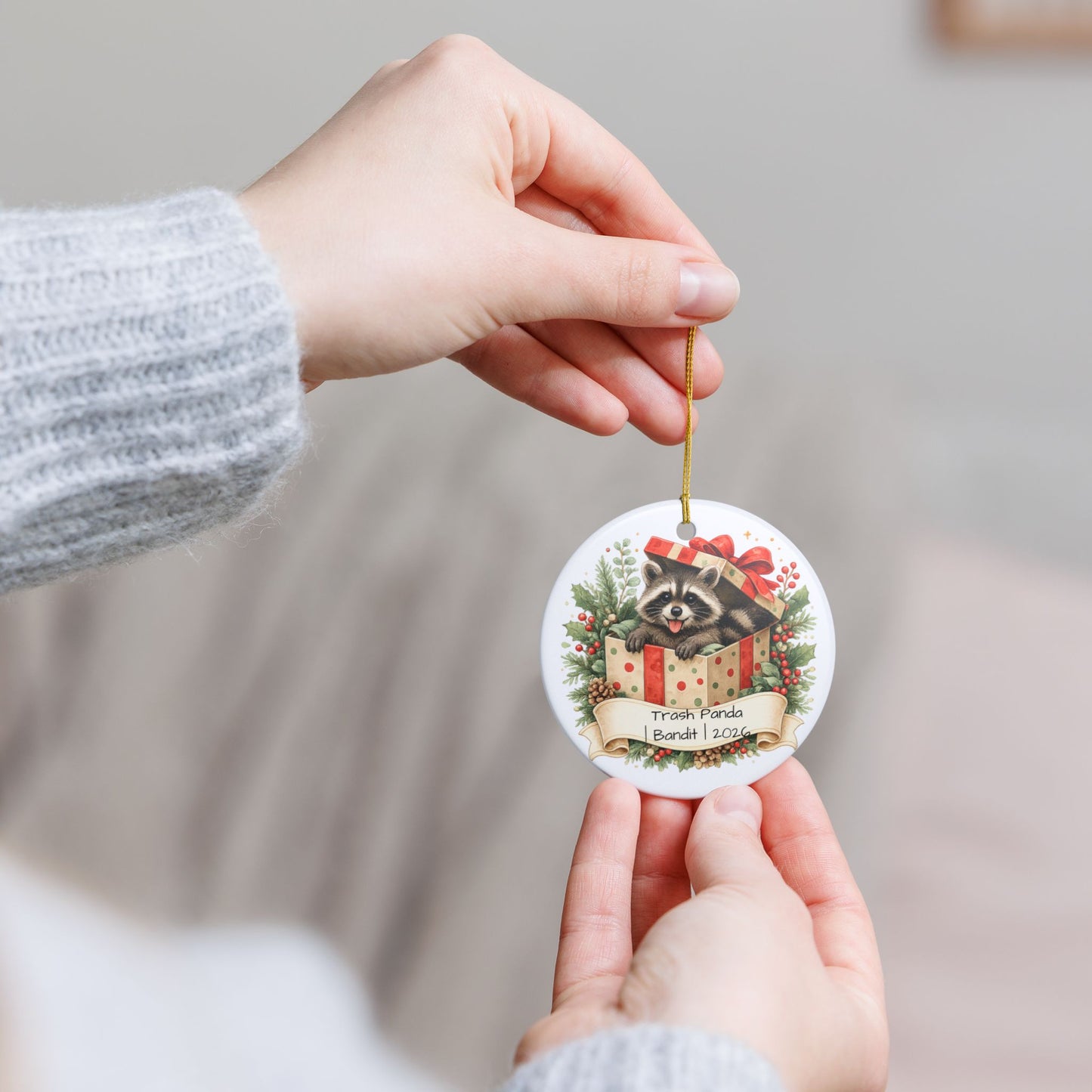 Trash Panda Christmas Ornament Personalized with Name, Funny Cute Ceramic Keepsake, Raccoon Lover Gift 2026
