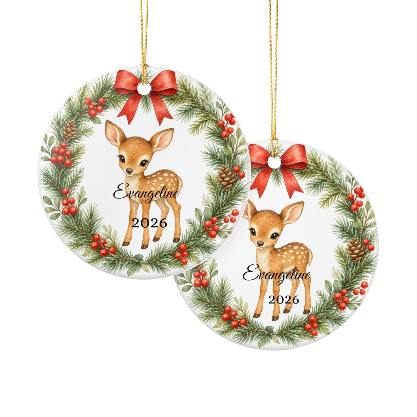 Baby First Christmas Ornament Personalized with Name, Woodland Deer Fawn Wreath Keepsake 2026, New Baby Woodland Gift