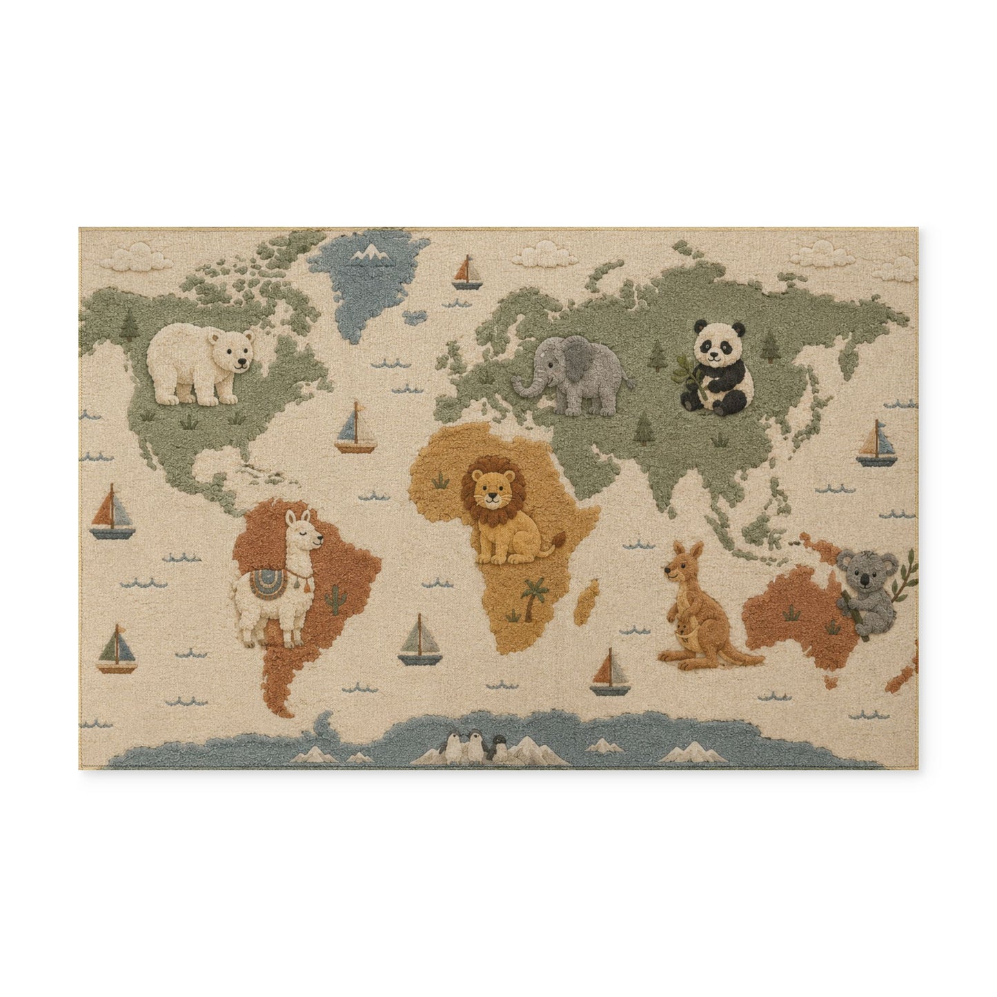 World Map Animals Washable Rug | Nursery Playroom Kids Floor Mat