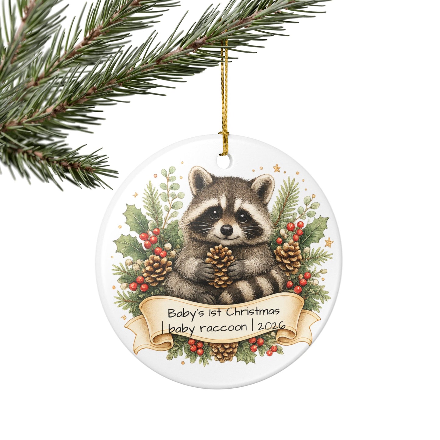 Baby Raccoon Christmas Ornament Personalized with Name, Cute Woodland Ceramic Keepsake, Kids Raccoon Gift 2026