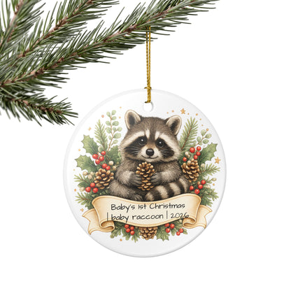 Baby Raccoon Christmas Ornament Personalized with Name, Cute Woodland Ceramic Keepsake, Kids Raccoon Gift 2026