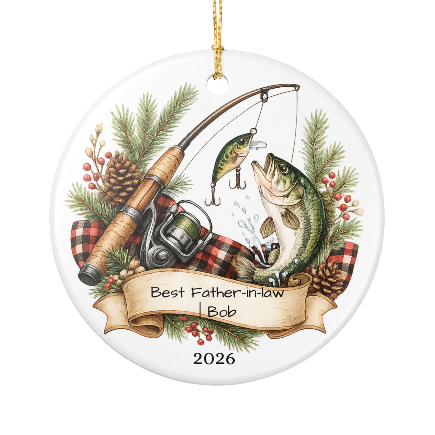 Fishing Father in Law Ornament Personalized, Rustic Ceramic Keepsake with Name, Fisherman FIL Gift 2026