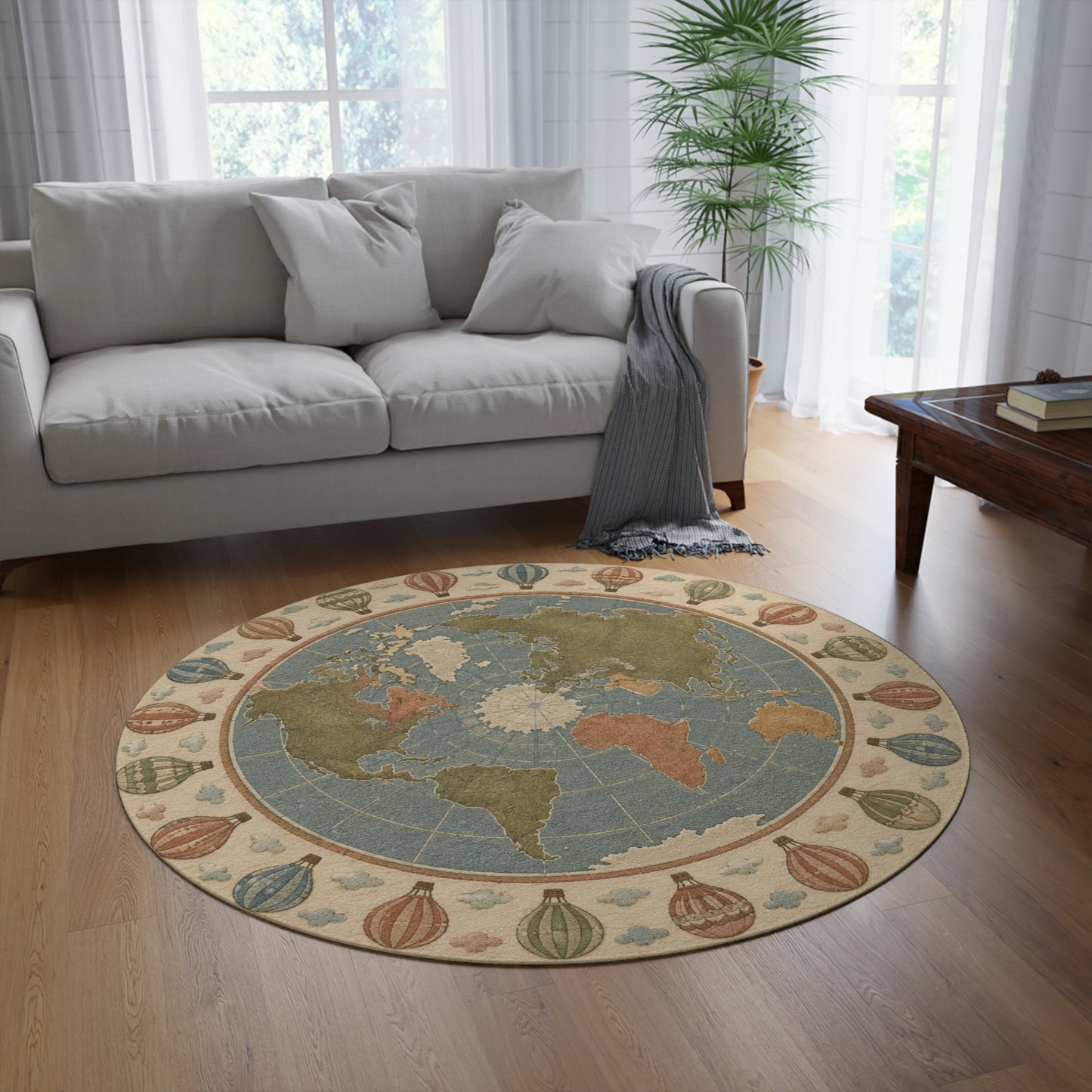 Vintage World Map Round Rug | Hot Air Balloon Border