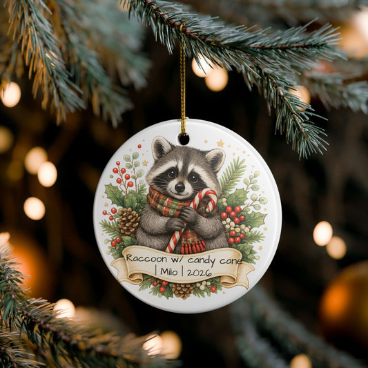 Raccoon with Candy Cane Christmas Ornament Personalized, Cute Ceramic Keepsake with Name, Raccoon Lover Gift 2026