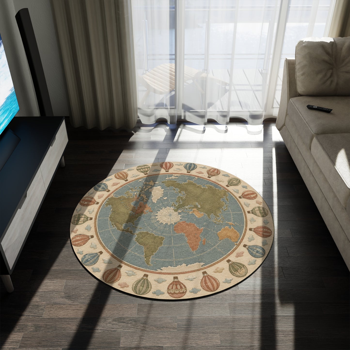 Vintage World Map Round Rug | Hot Air Balloon Border