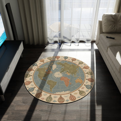Vintage World Map Round Rug | Hot Air Balloon Border