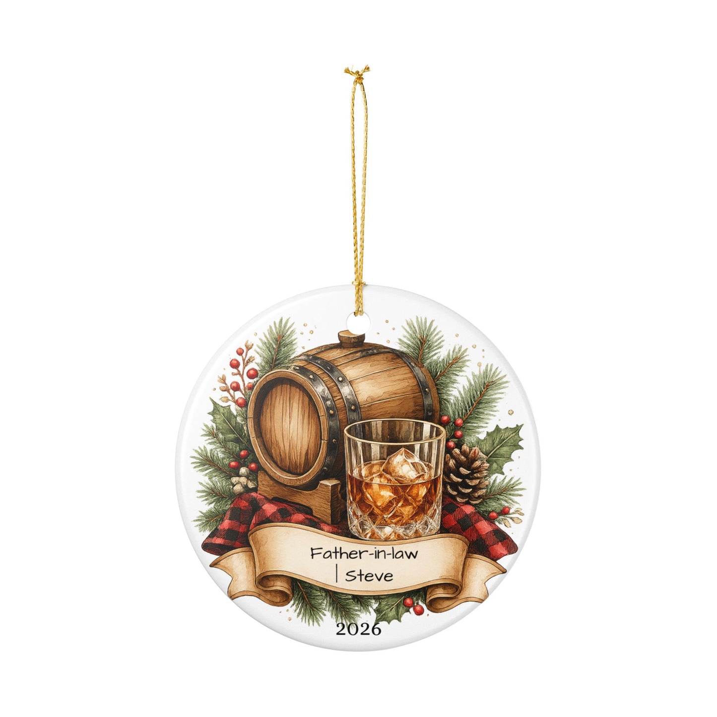 Whiskey Father in Law Ornament Personalized, Rustic Ceramic Keepsake with Name, Bourbon Lover FIL Gift 2026