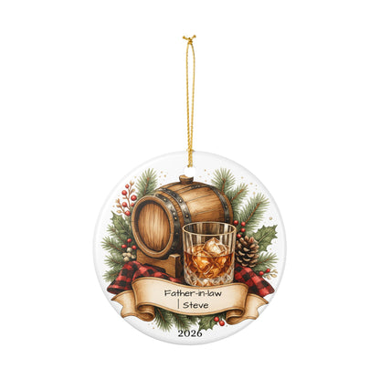 Whiskey Father in Law Ornament Personalized, Rustic Ceramic Keepsake with Name, Bourbon Lover FIL Gift 2026