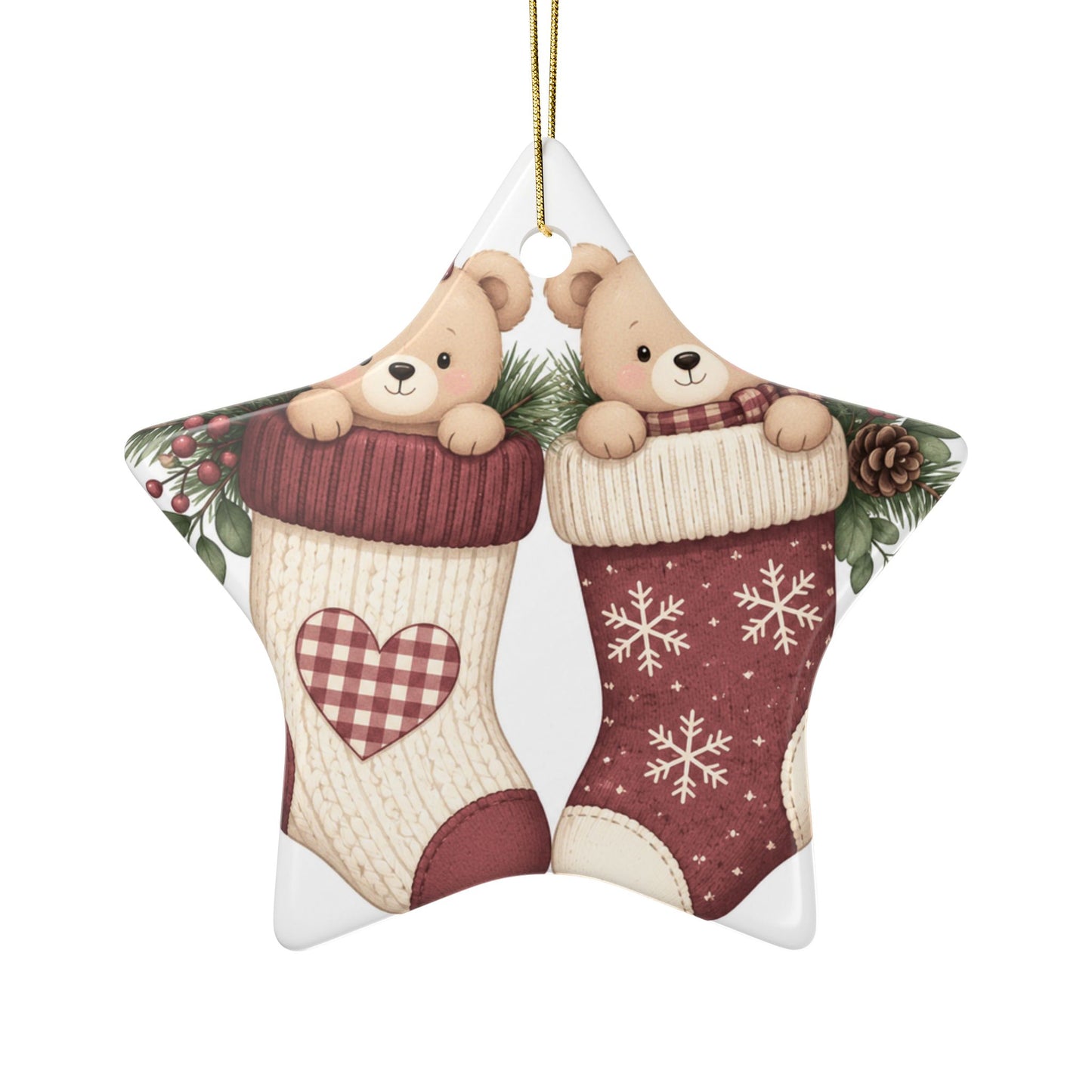 Teddy Bears in Christmas Stockings Ornament | Ceramic Round Holiday Decoration