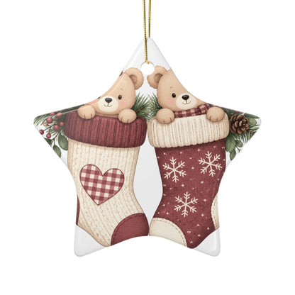 Teddy Bears in Christmas Stockings Ornament | Ceramic Round Holiday Decoration