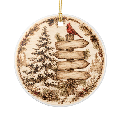 Woodland Cardinal Family Name Ornament, Ceramic Heart Ornament | Personalized Christmas Decor